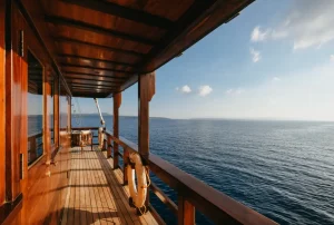 Wooden walkway on a luxury phinisi yacht in Komodo